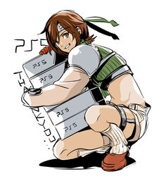  box commentary crop_top female final_fantasy final_fantasy_vii final_fantasy_vii_remake forehead_protector game_console headband kneeling looking_at_viewer playstation_5 shoji_sakura short_shorts shorts simple_background single_sleeve smile solo white_background yuffie_kisaragi 