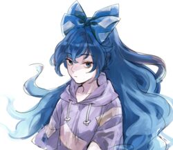  asakura_noi blue_bow blue_eyes blue_hair bow closed_mouth female grey_shirt grey_sleeves hair_between_eyes hood hoodie long_hair looking_at_viewer shirt short_sleeves simple_background solo touhou upper_body white_background yorigami_shion 