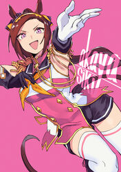  absurdres akaya_shiki animal_ears armpits artist_name asymmetrical_gloves bare_shoulders black_shorts brown_hair buttons commentary cowboy_shot double-breasted epaulettes female flower_in_eye gloves highres horse_ears horse_girl horse_tail long_hair looking_at_viewer md5_mismatch mismatched_gloves open_mouth outstretched_hand pink_background pink_eyes sakura_bakushin_o_(umamusume) shorts smile solo symbol-shaped_pupils symbol_in_eye tail thighhighs umamusume white_thighhighs 