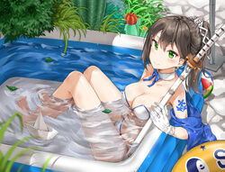  ball beachball bikini blue_oath blurry breasts cactus cleavage collarbone commentary_request depth_of_field detached_collar dulldull female gloves green_eyes highres innertube kaga_(blue_oath) kaga_(overflowing_azure)_(blue_oath) long_hair medium_breasts paper_boat partially_submerged plant ponytail solo swim_ring swimsuit sword tattoo wading_pool water weapon white_bikini white_gloves 