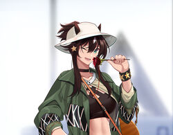  ;d animal_ears arknights black_choker black_hair black_shirt breasts choker collarbone commentary_request crop_top ears_through_headwear fedora female green_eyes green_jacket hair_between_eyes hat highres jacket large_breasts long_hair long_sleeves looking_at_viewer meteor_(arknights) meteor_(bard&#039;s_holiday)_(arknights) midriff one_eye_closed open_clothes open_jacket open_mouth ponytail shijie_jianfa shirt sidelocks smile solo stomach upper_body white_hat wristband 