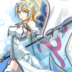  armor armored_dress ayase_eli banner blonde_hair blue_bow blue_eyes bow breasts chains closed_mouth cosplay cowboy_shot dress fate/apocrypha fate_(series) faulds female fur-trimmed_legwear fur_trim gauntlets hair_between_eyes hairbow high_ponytail holding jeanne_d&#039;arc_(fate) jeanne_d&#039;arc_(third_ascension)_(fate) jeanne_d&#039;arc_(third_ascension)_(fate)_(cosplay) long_hair looking_at_viewer love_live! love_live!_school_idol_project medium_breasts photoshop_(medium) sleeveless sleeveless_dress smile solo standing thighhighs urutsu_sahari white_dress 