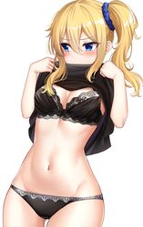  black_bra black_panties black_shirt blonde_hair blue_eyes blue_scrunchie bow bow_bra bra breasts cleavage clothes_lift covered_mouth cowboy_shot dot_nose female groin hair_between_eyes hair_ornament hair_scrunchie hands_up hayasaka_ai highres kaguya-sama_wa_kokurasetai_~tensai-tachi_no_renai_zunousen~ lifting_own_clothes lingerie long_sleeves looking_away looking_to_the_side medium_breasts navel no_pants panties scrunchie shirt shirt_lift side_ponytail sidelocks simple_background solo standing stomach sunhyun thighs underwear white_background 