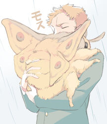  1boy animal animal_hug blonde_hair bug fluffy green_jacket highres jacket long_sleeves male_focus moth ootani_eiti original oversized_animal oversized_insect solo upper_body white_background 