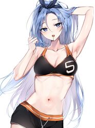  absurdres arm_up armpits bad_id bad_twitter_id bae_minah_(chaesu) bara_(03_bara_) black_hairband black_shorts black_sports_bra blue_eyes blue_hair blush borrowed_character breasts candy cleavage clothes_writing collarbone drawstring english_commentary female food forehead gym_shorts hairband hand_in_own_hair highres lollipop long_hair looking_at_viewer medium_breasts mouth_hold navel original ribs shorts solo_focus sports_bra stomach toned white_background 