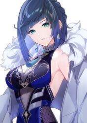  aqua_eyes blue_dress blue_hair breasts cleavage cleavage_cutout clothing_cutout commentary_request dark_blue_hair diagonal_bangs dice dress ear_piercing earrings female fur-trimmed_jacket fur_trim genshin_impact grin highres jacket jewelry looking_at_viewer medium_hair mole mole_on_breast open_clothes open_jacket piercing simple_background sleeveless sleeveless_dress smile solo tassel_choker tyenka7728 upper_body white_background white_jacket yelan_(genshin_impact) 