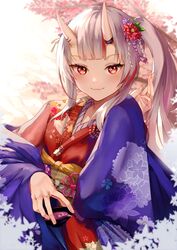  :3 alcohol alternate_costume blue_kimono blunt_bangs blurry blurry_background blurry_foreground breasts commentary_request cup depth_of_field eredhen female flower hair_flower hair_ornament hand_up highres holding hololive horns japanese_clothes kimono long_hair looking_at_viewer multicolored_hair nakiri_ayame nakiri_ayame_(new_year) obi official_alternate_costume oni print_kimono red_eyes red_hair red_kimono sakazuki sake sash shadow side_ponytail sidelocks skin-covered_horns smile solo streaked_hair tassel upper_body virtual_youtuber white_hair wide_sleeves 