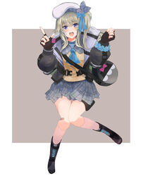  absurdres arms_up bag bandaid bandaid_on_face beret black_footwear black_gloves black_jacket blonde_hair blue_bow blush boots bow commentary female fingerless_gloves full_body girls&#039;_frontline girls&#039;_frontline_2:_exilium gloves hairbow hat highres index_finger_raised jacket looking_at_viewer medium_hair open_clothes open_jacket open_mouth purple_eyes reraise school_uniform side_ponytail simple_background smile socks solo standing standing_on_one_leg teeth upper_teeth_only vepley_(girls&#039;_frontline_2) 