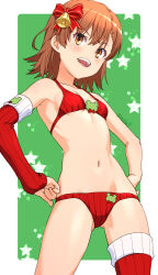  :d alternate_costume arm_warmers asymmetrical_bangs bell bikini breasts brown_eyes brown_hair commentary_request female gekota green_background hair_bell hair_ornament hair_ribbon hands_on_own_hips looking_at_viewer misaka_mikoto navel open_mouth raika9 red_arm_warmers red_bikini red_thighhighs ribbed_legwear ribbon single_arm_warmer single_thighhigh small_breasts smile solo striped_bikini striped_clothes swimsuit teeth thighhighs toaru_kagaku_no_railgun toaru_majutsu_no_index two-tone_background upper_teeth_only 