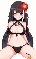  ass_visible_through_thighs asuto3 azur_lane bare_shoulders bikini black_bikini black_hair blue_eyes blush breasts cameltoe cleavage commentary_request deutschland_(azur_lane) deutschland_(service_time?!)_(azur_lane) female flower grin hair_flower hair_ornament highres long_hair looking_at_viewer lotion lotion_bottle medium_breasts midriff mole mole_on_stomach multicolored_hair navel official_alternate_costume red_hair simple_background sitting smile solo spread_legs straight_hair suggestive_fluid swimsuit thighs white_background white_hair 