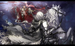  5boys 6+girls armor bertrand_(pixiv_fantasia_last_saga) blonde_hair cape commentary_request crowd elf erika_lacy eye_contact fattus_hervas flag gauntlets grey_cape grey_knight_julia highres horse horseback_riding laurel_knight_sylvester letterboxed looking_at_another marigold_(pixiv_fantasia_last_saga) multiple_boys multiple_girls photoshop_(medium) pixiv_fantasia pixiv_fantasia_last_saga plate_armor pointy_ears polearm ponytail rabbit red_cape reins riding ryuuzaki_ichi standing weapon white_hair 