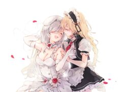  2girls apron bare_shoulders blonde_hair braid breasts bridal_veil bride choker cleavage closed_eyes commentary dress elbow_gloves g36_(girls&#039;_frontline) g36c_(girls&#039;_frontline) g36c_(you_who_steps_up)_(girls&#039;_frontline) girls&#039;_frontline gloves grey_hair hair_over_one_eye hat imoko_(imonatsuki) long_hair maid_apron maid_headdress medium_breasts multiple_girls necktie official_alternate_costume open_mouth petals red_necktie rose_petals side_braid simple_background smile strapless strapless_dress tears veil very_long_hair waist_apron wedding_dress white_apron white_background white_dress white_gloves yuri 