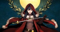  black_hair blue_background cape cloak commentary_request female floating_cape full_moon fur_trim gloves highres holding holding_sword holding_weapon hood hooded_cloak leslie_the_moon_queen long_hair looking_at_viewer moon olive_branch open_mouth pixiv_fantasia pixiv_fantasia_last_saga red_cape red_cloak red_eyes red_hood sankyou simple_background standing sword weapon 