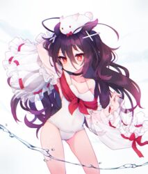  arm_up ass_visible_through_thighs azur_lane bare_shoulders black_choker black_hair choker chromatic_aberration closed_mouth collarbone commentary creature detached_sleeves female hair_between_eyes hair_ornament highres horns i-168_(azur_lane) long_hair long_sleeves looking_at_viewer on_head one-piece_swimsuit red_eyes ribbon-trimmed_sleeves ribbon_trim see-through see-through_sleeves shichijou_natori simple_background sleeves_past_wrists solo standing swimsuit symbol-shaped_pupils very_long_hair water white_background white_one-piece_swimsuit wide_sleeves x_hair_ornament 