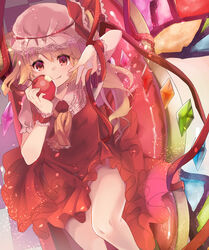  adapted_costume apple ascot blonde_hair blush brooch checkered_floor commentary couch cowboy_shot diamond_(gemstone) dress fang_out female flandre_scarlet food from_above fruit hat hat_ribbon haya_taro_pochi highres holding holding_food holding_fruit jewelry knee_up lace lace-trimmed_ascot lace-trimmed_headwear lace_trim light_particles looking_at_viewer mob_cap oerba_yun_fang on_couch purple_eyes red_dress red_eyes red_ribbon red_theme ribbon short_hair short_sleeves side_ponytail sidelocks sitting slit_pupils smile solo stained_glass thighs touhou white_hat wings wrist_cuffs yellow_ascot 