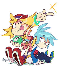  1boy amitie_(puyopuyo) artist_name bag belt black_eyes blonde_hair blue_eye blue_hair blush bracelet clothed clothing digital_media_(artwork) eyebrows eyebrows_visible_through_hair eyelashes female female hair happy hat human jacket legs looking_back male male/female multicolored_eyes nervous one_eye_closed pants phuijl puyo_(puyopuyo) puyo_puyo puyo_puyo_tetris puyopuyo red_eye sega shoes sig_(puyopuyo) sitting smile socks sparkle standing tongue tongue_out video_games wink 