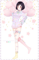  absurdres artist_name balloon bandaged_leg bandages bangs black_hair blush bow breasts candy candy_print commentary commission deviantart_logo english_commentary female flower food heart highres instagram_logo kneehighs large_breasts long_sleeves looking_at_viewer original pink_flower pink_legwear pink_ribbon puppypaww red_eyes ribbon shirt short_hair socks solo tagme twitter_logo yellow_legwear 