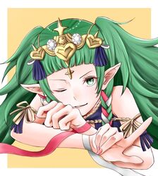  aplche braid commentary_request female fire_emblem fire_emblem:_three_houses green_eyes green_hair hair_ornament hair_ribbon jewelry long_hair looking_at_viewer one_eye_closed pointy_ears red_ribbon ribbon ribbon_braid side_braid simple_background smile solo sothis_(fire_emblem) tiara twin_braids white_ribbon 