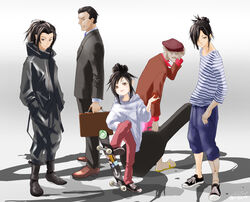  4boys absurdres adjusting_clothes adjusting_headwear biwamaru black_coat black_footwear black_hair black_pants black_suit blind bow brown_footwear brown_headwear coat commentary_request contemporary daigo_kagemitsu dororo_(character) dororo_(tezuka) female formal guitar hair_over_one_eye hairbow hands_in_pockets hat highres hood hood_down hoodie hyakkimaru_(dororo) instrument medium_hair multiple_boys pants ponytail red_shirt rokutowa sandals shirt shoes skateboard smile sneakers standing striped_clothes striped_shirt suit suitcase tahoumaru yellow_footwear 