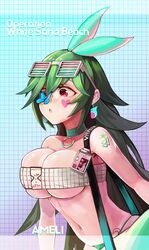  ameli_(ameli&#039;s_receive)_(girls&#039;_frontline) ameli_(girls&#039;_frontline) bad_id bad_pixiv_id bikini blush breasts bug butterfly butterfly_on_nose character_name choker cleavage earrings eyewear_on_head female girls&#039;_frontline green_hair hair_ribbon heart heart_tattoo highres jewelry long_hair navel nlitz official_alternate_costume open_mouth purple_eyes ribbon solo sunglasses swimsuit tattoo very_long_hair 