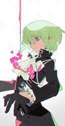  1boy ascot belt biker_clothes black_gloves black_jacket closed_mouth commentary_request fire gloves green_hair half_gloves highres jacket lio_fotia male_focus multiple_belts promare purple_eyes sowichi white_background 