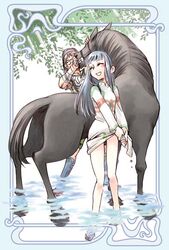  1boy agro_(shadow_of_the_colossus) bad_id bad_pixiv_id barefoot black_hair blush breasts closed_eyes commentary_request dress feet female horse long_hair mono_(shadow_of_the_colossus) photoshop_(medium) poncho red_hair shadow_of_the_colossus shallow_water smile surcoat tatsuri_(forest_penguin) wading wander_(shadow_of_the_colossus) water 