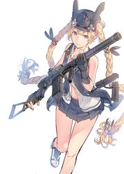  blonde_hair blunt_bangs braid commentary_request daito female fingerless_gloves girls&#039;_frontline gloves gun hat highres holding holding_gun holding_weapon long_hair looking_at_viewer navel necktie open_clothes photoshop_(medium) pleated_skirt purple_eyes running sandals shirt skirt sleeveless solo sr-3mp sr-3mp_(girls&#039;_frontline) twin_braids twintails very_long_hair weapon white_background white_shirt 