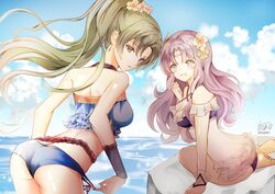  2girls adjusting_clothes ass atoatto beach bikini blue_eyes blush breasts commentary_request cosplay day dress fingerless_gloves fiora_(fire_emblem) fiora_(fire_emblem)_(cosplay) fiora_(summer)_(fire_emblem) fire_emblem fire_emblem:_the_blazing_blade fire_emblem_heroes florina_(fire_emblem) gloves green_eyes green_hair long_hair looking_at_viewer lyn_(fire_emblem) lyn_(summer)_(fire_emblem) multiple_girls open_mouth outdoors pegasus_knight_uniform_(fire_emblem) ponytail purple_hair smile swimsuit water 