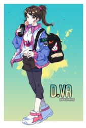  adapted_costume alternate_hairstyle backpack bad_id bad_pixiv_id bag blowing_bubbles brown_eyes brown_hair casual chewing_gum commentary d.va_(overwatch) facial_mark female full_body hair_ornament hair_scrunchie handheld_game_console hero_(ahnhannah) jacket leggings letterman_jacket looking_at_viewer overwatch overwatch_1 playstation_vita ponytail scrunchie shirt shoes shorts skirt_over_leggings sneakers solo t-shirt twitter_username whisker_markings 