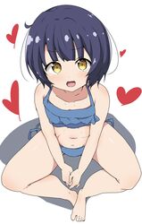  barefoot bikini blue_bikini blue_hair commentary_request female flat_chest gochuumon_wa_usagi_desu_ka? heart highres jouga_maya looking_at_viewer oerba_yun_fang open_mouth riyo_(aokiwazumi) shadow short_hair side-tie_bikini_bottom simple_background sitting skin_fang smile solo swimsuit white_background yellow_eyes 