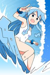  anbe_masahiro blue_eyes blue_hair commentary day female from_below hat highres ikamusume long_hair looking_at_viewer marine_day one-piece_swimsuit open_mouth outdoors shinryaku!_ikamusume solo squid_hat surfing swimsuit tentacle_hair tidal_wave white_hat white_one-piece_swimsuit 