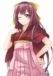  bow commentary_request doyagao female hakama hakama_skirt hand_on_own_chest highres japanese_clothes kamikaze_(kancolle) kantai_collection kimono long_hair looking_at_viewer meiji_schoolgirl_uniform one_eye_closed pink_hakama purple_eyes purple_hair red_kimono sano_souichi skirt smile smug solo yellow_bow 