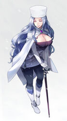  belinda_(unlight) black_legwear blue_hair boots breasts cane cape cleavage closed_eyes commentary_request elbow_gloves female gloves hat highres hsin knee_boots light_smile lipstick long_hair makeup pencil_skirt purple_lips skirt snowing solo unlight very_long_hair white_gloves 