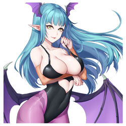  animal_print bare_shoulders bat_print bat_wings breasts bridal_gauntlets cleavage clothing_cutout commentary_request cutout_above_navel demon_girl elbow_gloves female gloves green_eyes green_hair head_wings heart_cutout highres large_breasts leotard lis_zhu_long long_hair morrigan_aensland pantyhose photoshop_(medium) print_pantyhose simple_background solo vampire_(game) white_background wings 