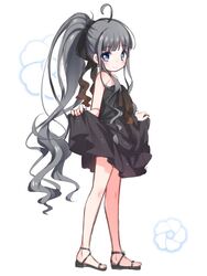  ahoge alternate_costume bare_arms bare_shoulders black_bow black_dress black_footwear blue_eyes blunt_bangs blush bow closed_mouth commentary_request dress female floral_background full_body grey_hair hairbow high_ponytail long_hair looking_at_viewer looking_to_the_side namazuo_toushirou_(tenka_hyakken) one-hour_drawing_challenge ponytail sandals shouji_ayumu sidelocks simple_background skirt_hold sleeveless sleeveless_dress smile solo standing tenka_hyakken very_long_hair white_background 