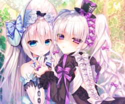  2girls aqua_eyes bicolored_eyes bow chains cropped goth-loli hat headdress lolita_fashion long_hair original purple_eyes shackles shoujo_ai tsukikage_nemu white_hair 