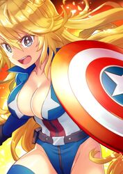  adapted_costume avengers_(series) belt blonde_hair blue_eyes blue_leotard blue_thighhighs breasts captain_america captain_america_(cosplay) cleavage commentary_request cosplay cowboy_shot female fire iowa_(kancolle) kantai_collection large_breasts leotard long_hair looking_at_viewer marvel open_clothes open_mouth shield solo superhero_costume teeth thighhighs trait_connection upper_teeth_only yumi_yumi 