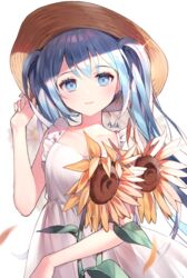  artist_name azit_(down) blue_eyes blue_hair blush collarbone commentary dress female flower hat hatsune_miku long_hair looking_at_viewer solo sun_hat sunflower twintails upper_body vocaloid white_background white_dress 