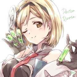  ;) artist_name between_fingers black_dress black_gloves black_headband blonde_hair brown_eyes character_name closed_mouth commentary djeeta_(granblue_fantasy) doctor_(granblue_fantasy) dress female gloves granblue_fantasy hairband head_tilt headband high_collar highres holding kuroi_mimei lab_coat light_blush long_sleeves looking_at_viewer necktie one_eye_closed pinky_out red_necktie short_hair simple_background sleeveless sleeveless_dress smile solo swept_bangs upper_body vial white_background 