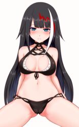  ass_visible_through_thighs asuto3 azur_lane bare_shoulders bikini black_bikini black_hair blue_eyes blush breasts cameltoe cleavage closed_mouth commentary_request deutschland_(azur_lane) deutschland_(service_time?!)_(azur_lane) expressionless female heart heart-shaped_pupils highres long_hair looking_at_viewer medium_breasts midriff mole mole_on_stomach multicolored_hair navel official_alternate_costume red_hair simple_background sitting solo spread_legs straight_hair swimsuit symbol-shaped_pupils thighs white_background white_hair 