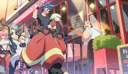  2girls 5boys aina_ardebit baggy_pants bikini bikini_top_only blonde_hair blue_eyes blue_hair chair closed_eyes commentary_request cone_hair_bun crop_top double_bun firefighter food galo_thymos gloves goggles hair_bun highres jacket lab_coat lio_fotia long_hair lucia_fex midriff multicolored_hair multiple_boys multiple_girls open_mouth ottonttn outdoors pants pink_hair pizza plant promare remi_puguna restaurant short_hair shorts side_ponytail smile spiked_hair striped_clothes striped_thighhighs suspenders swimsuit table thighhighs two-tone_hair varys_truss walking waving window 