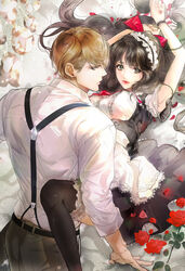  1boy arms_up belt black_hair blonde_hair bow breasts chi5on commentary_request dress female flower frilled_legwear grey_eyes hairbow highres lipstick long_hair looking_at_viewer looking_back lying maid maid_headdress makeup medium_breasts official_art on_back pants petals prism red_bow red_ribbon ribbon rose straight suspenders thighhighs very_long_hair wristband 