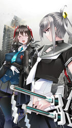  2girls :d aqua_necktie azitama_atsushi_(attyuu) black_choker black_jacket black_serafuku blush breast_lift breasts brown_hair building choker closed_eyes commentary_request day gloves grey_eyes grey_gloves grey_skirt grey_sky hair_ornament highres jacket kakuchou_shoujo-kei_trinary large_breasts midriff multiple_girls necktie open_mouth outdoors photoshop_(medium) pleated_skirt school_uniform serafuku short_sleeves sidelocks silver_hair skirt sky small_breasts smile weapon white_gloves white_necktie 