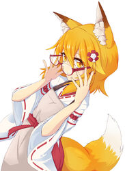  animal_ear_fluff animal_ears apron blonde_hair commentary_request female flower fox_ears fox_girl fox_tail glasses hair_between_eyes hair_flower hair_ornament highres japanese_clothes long_sleeves looking_at_viewer md5_mismatch miko red-framed_eyewear resolution_mismatch ribbon-trimmed_sleeves ribbon_trim sash semi-rimless_eyewear senko_(sewayaki_kitsune_no_senko-san) sewayaki_kitsune_no_senko-san simple_background solo source_smaller suu2510 tail under-rim_eyewear white_background wide_sleeves yellow_eyes 