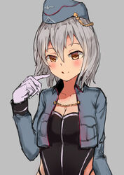  absurdres blue_jacket blush breasts brown_eyes chains cleavage collarbone collared_jacket commentary_request cropped_jacket female garrison_cap girls&#039;_frontline gloves grey_background grey_hair hat highleg highleg_leotard highleg_panties highres jacket leotard licking_lips looking_at_viewer medium_hair open_clothes open_jacket p08_(girls&#039;_frontline) panties photoshop_(medium) pointing pointing_at_self rosehip_t72 simple_background small_breasts solo tongue tongue_out underwear upper_body white_gloves 