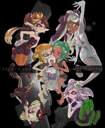  6+girls absurdres bare_shoulders barefoot bike_shorts black_background breasts callie_(splatoon) cleavage commentary_request crown dark-skinned_female dark_skin facial_tattoo gloves green_hair grey_hair hideyoshi_(swliyhbpe9xqqze) highres holding_hands inkling inkling_girl inkling_player_character looking_at_another marie_(splatoon) marina_(splatoon) mole mole_under_eye mole_under_mouth multicolored_hair multiple_girls octoling octoling_girl octoling_player_character orange_eyes pantyhose pearl_(splatoon) pointy_ears shirt splatoon_(series) splatoon_2 splatoon_2:_octo_expansion sports_bra t-shirt tattoo tentacle_hair toes two-tone_hair upside-down white_gloves 