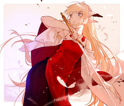  black_skirt blonde_hair blue_eyes braid commentary copyright_name detached_sleeves dress falia_the_queen_of_the_mountains feathers female highres holding holding_sword holding_weapon joseph_lee long_hair looking_afar pixiv_fantasia pixiv_fantasia_last_saga pointy_ears red_dress sidelocks simple_background skirt solo standing sword twin_braids very_long_hair weapon wide_sleeves 