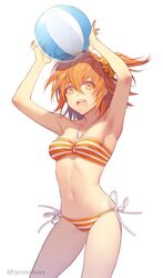  :d armpits arms_up artist_name ball bandeau bare_arms bare_legs bare_shoulders beachball bikini breasts collarbone commentary fate/grand_order fate_(series) female fujimaru_ritsuka_(female) fujimaru_ritsuka_(female)_(brilliant_summer) hair_between_eyes hair_ornament hair_scrunchie half_updo halterneck kazuki_yone looking_at_viewer medium_breasts medium_hair navel o-ring o-ring_bikini official_alternate_costume open_mouth orange_bikini orange_eyes orange_hair orange_scrunchie scrunchie side-tie_bikini_bottom smile stomach striped_bikini striped_clothes swimsuit thighs twitter_username white_background 