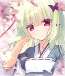  blue_kimono blurry blurry_background blurry_foreground blush butterfly_hair_ornament cariboy closed_mouth commentary_request depth_of_field female flower green_hair hair_flower hair_ornament hair_ribbon hand_up japanese_clothes kimono long_hair murasame_(senren) pink_flower red_eyes red_ribbon ribbon senren_banka short_sleeves smile solo upper_body wide_sleeves 