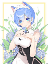  animal_ears arm_strap bad_id bad_pixiv_id black_bow black_ribbon blue_eyes blue_flower blue_hair bow breasts cat_ears cleavage closed_mouth commentary_request detached_collar dopoing female flower head_tilt highres holding holding_flower hydrangea kemonomimi_mode looking_at_viewer maid maid_headdress medium_breasts neck_ribbon re:zero_kara_hajimeru_isekai_seikatsu rem_(re:zero) ribbon roswaal_mansion_maid_uniform short_hair smile solo standing white_bow 